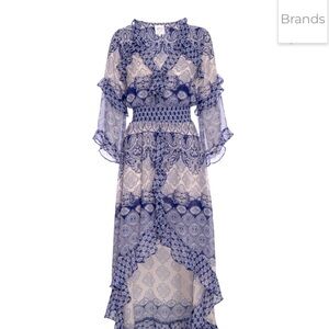 Misa Blue & White Imaan Mixed Tile Patterned High - Low Flowy Dress /final price